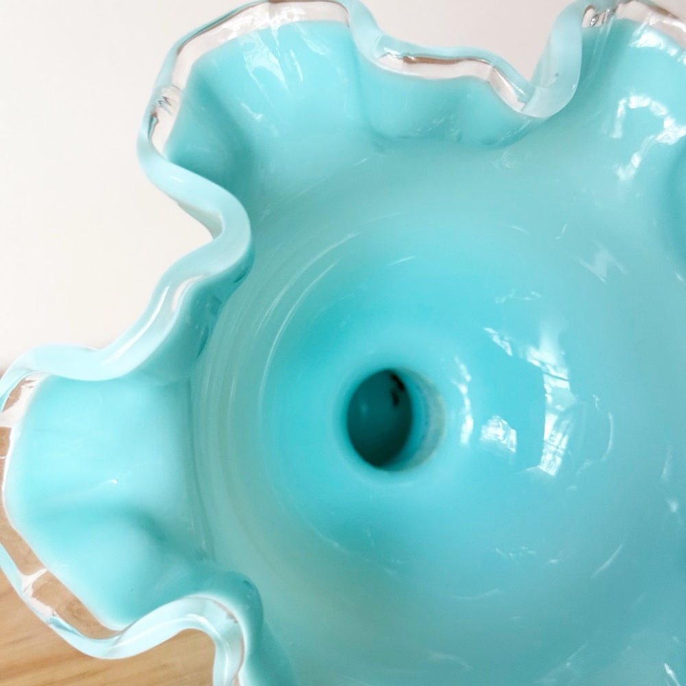 Vintage Fenton Silver Turquoise Crest Crimped Compote MCM Pedestal Bowl - Picture 11 of 16